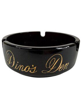 Vintage Riviera Las Vegas Ceramic Ashtray Dinos Den Delmonico Black Gold Script